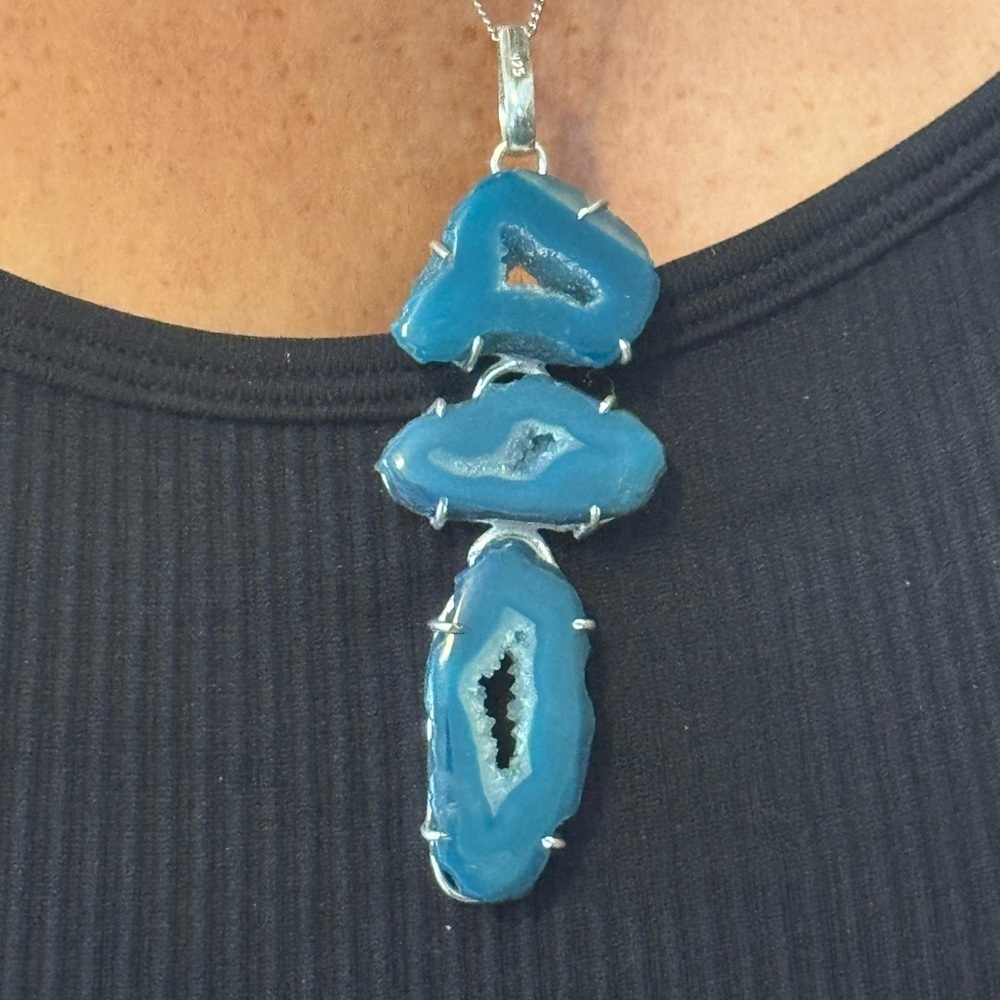 Long Agate Geode Slice. 925 Silver Plated. Handmade Pendant 3.3"